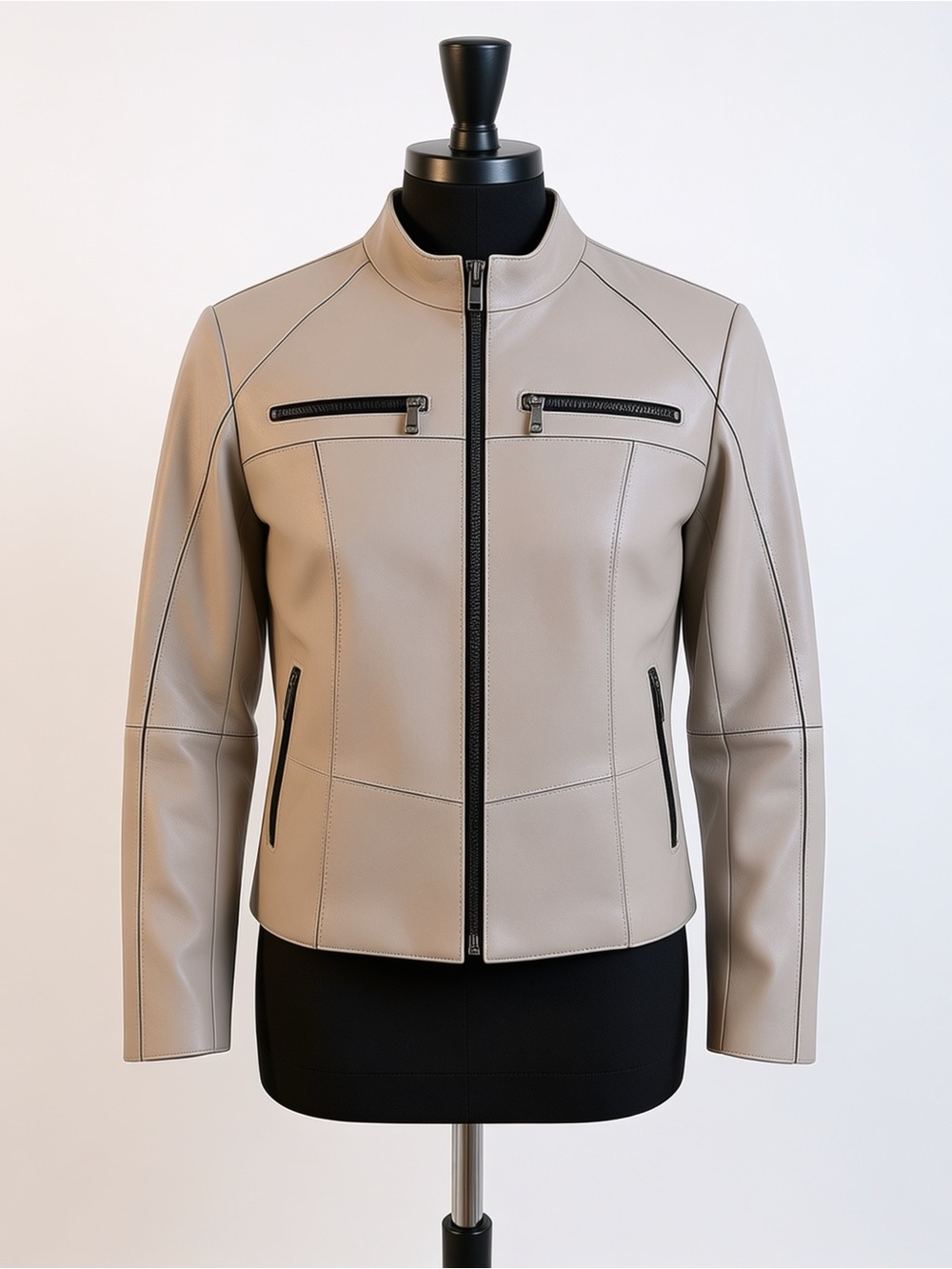 Derimod Eva Beige Genuine Leather Racer Jacket S